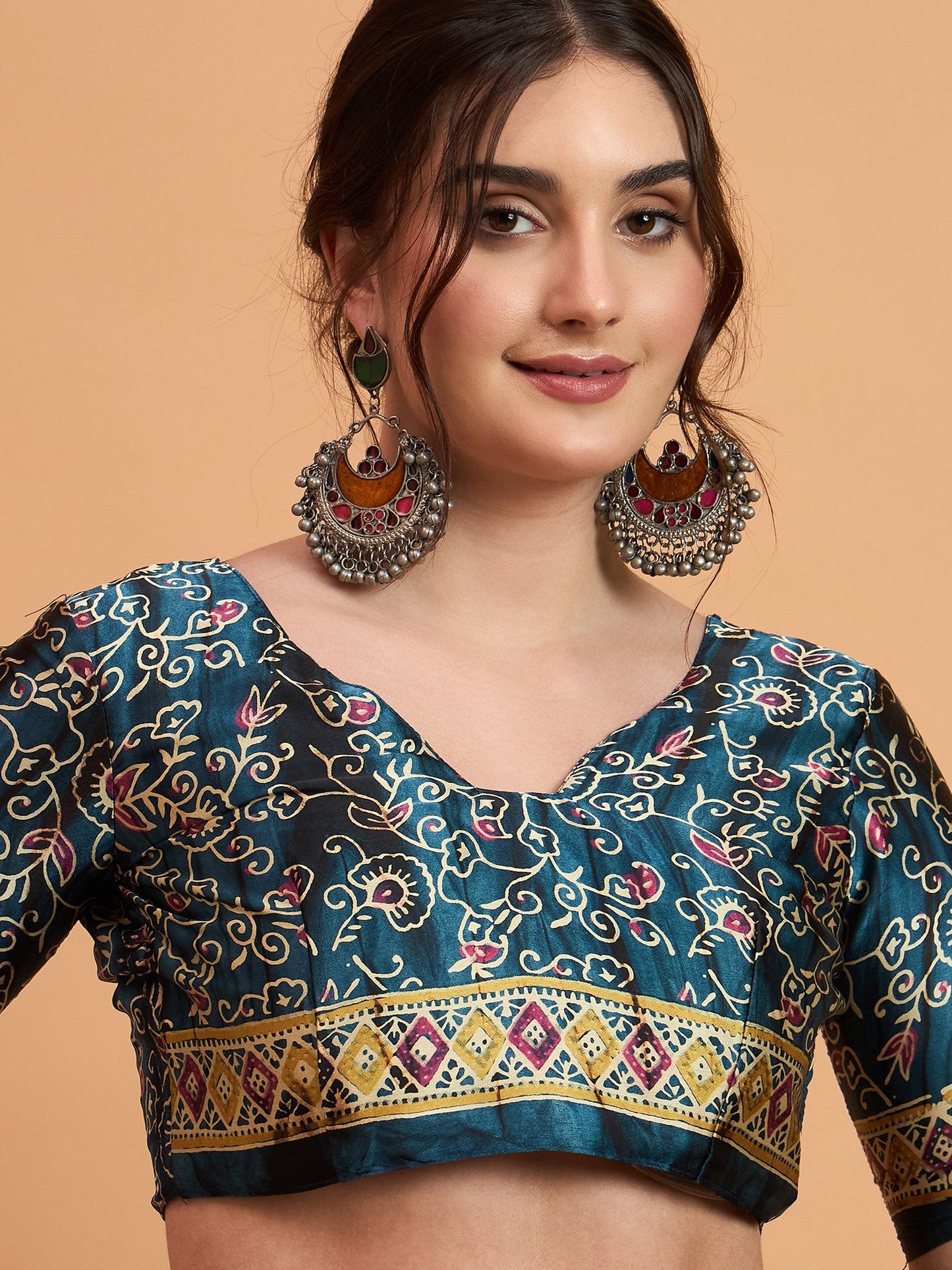 Teal Block Print Pure Crepe Printed Saree