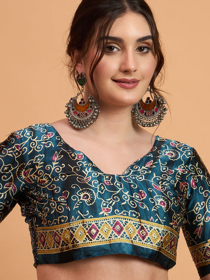 Teal Block Print Pure Crepe Printed Saree