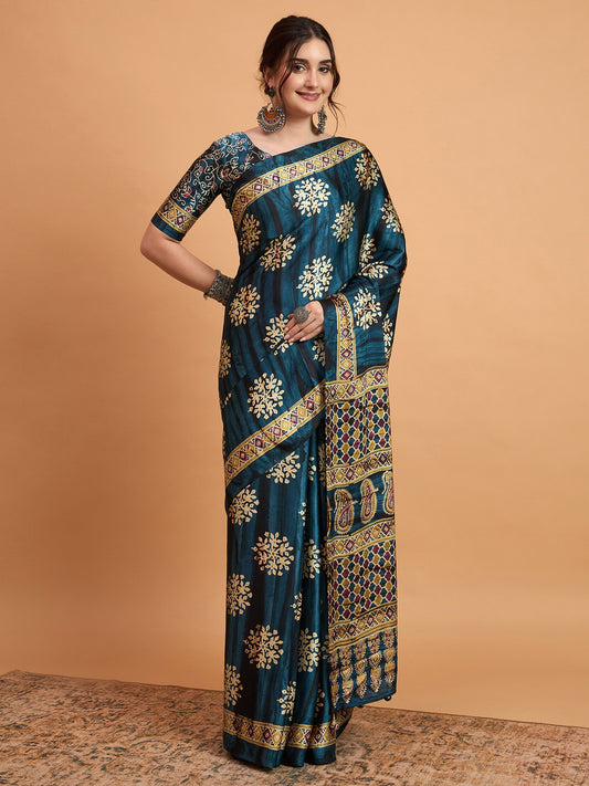 Blue Teal Block Print Pure Crepe Printed Saree