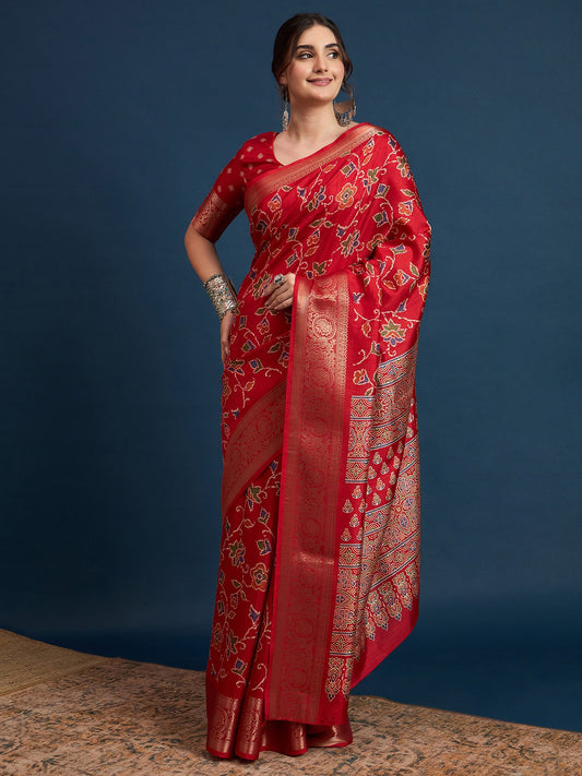 Red Red Sungudi Silk Blend Printed Saree