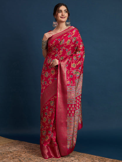Pink Pink Sungudi Silk Blend Printed Saree