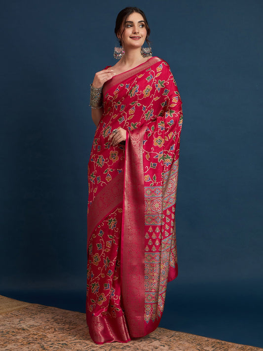 Pink Pink Sungudi Silk Blend Printed Saree