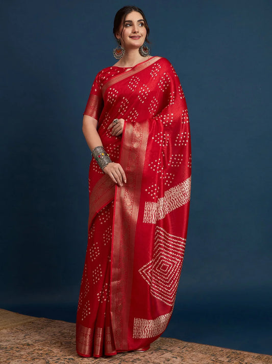 Red Red Sungudi Silk Blend Printed Saree