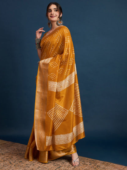 Mustard Sungudi Silk Blend Printed Saree