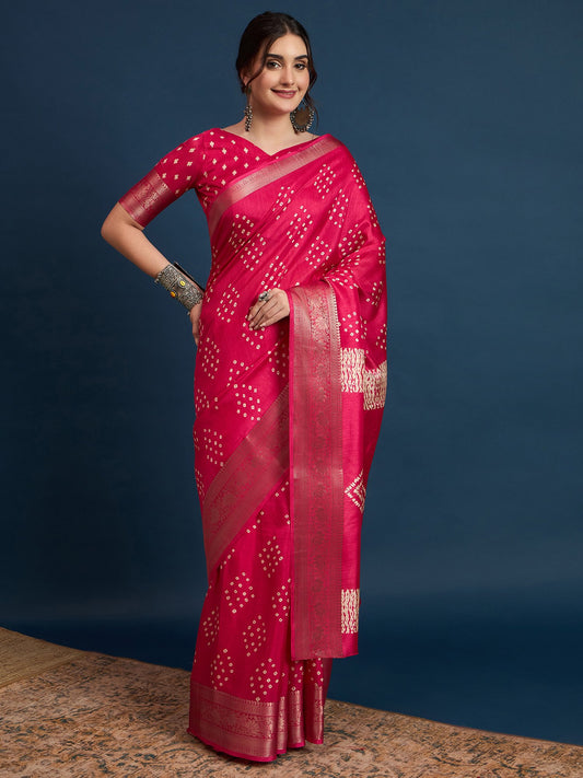 Pink Pink Sungudi Silk Blend Printed Saree