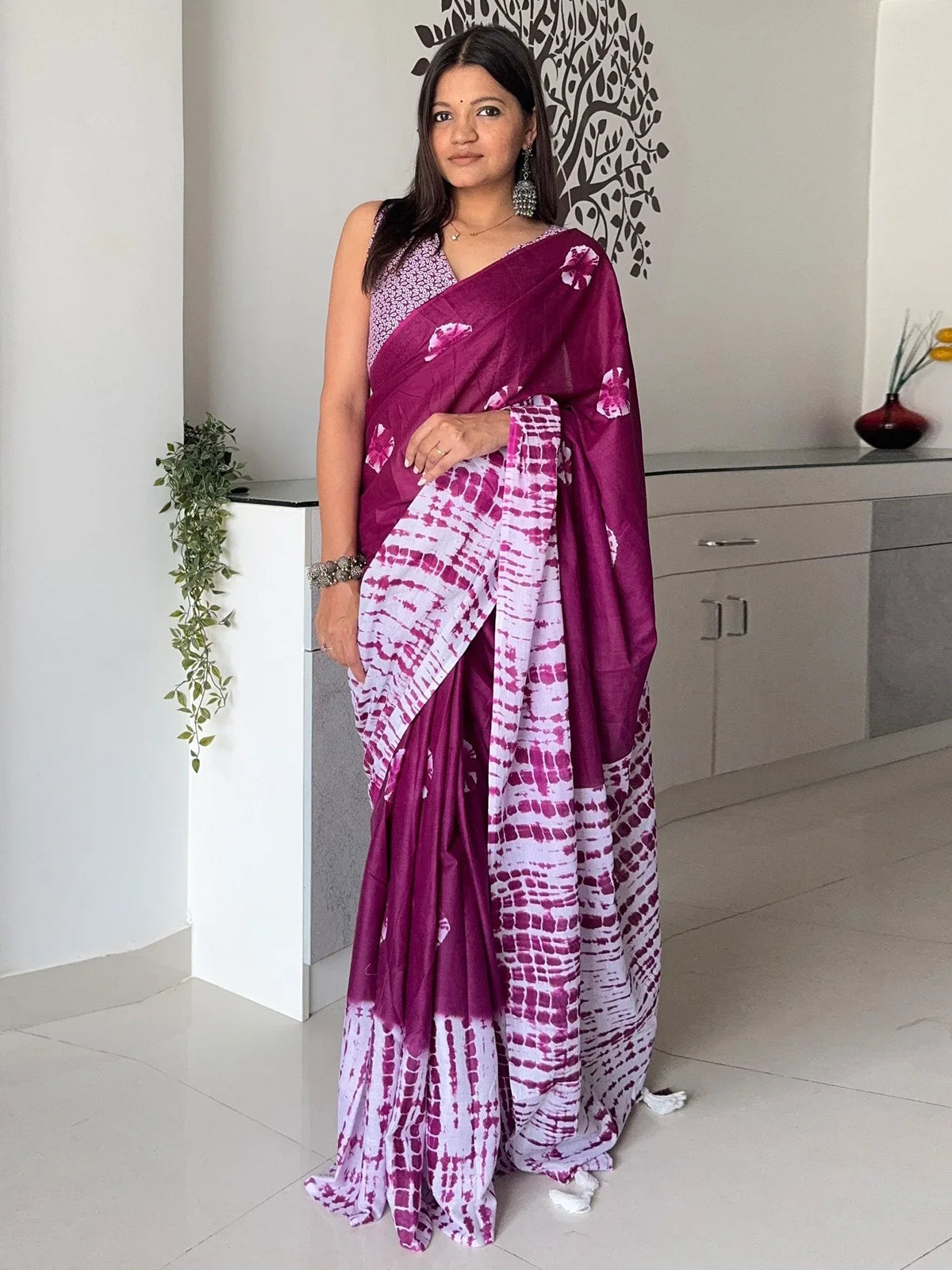 Purple Magenta Block Print Cotton Printed Saree