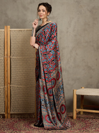 Black Block Print Pure Crepe Printed Saree