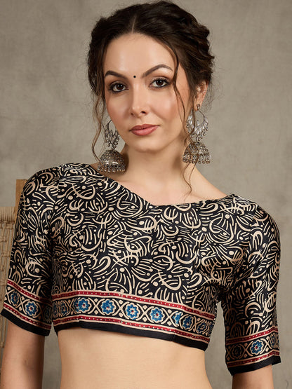 Black Block Print Pure Crepe Printed Saree