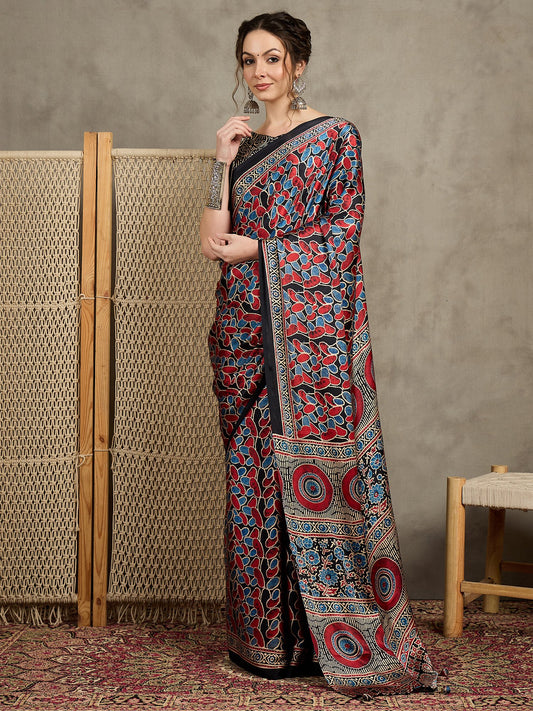 Black Black Block Print Pure Crepe Printed Saree