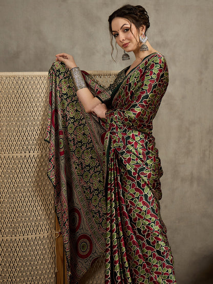 Green Block Print Pure Crepe Printed Saree