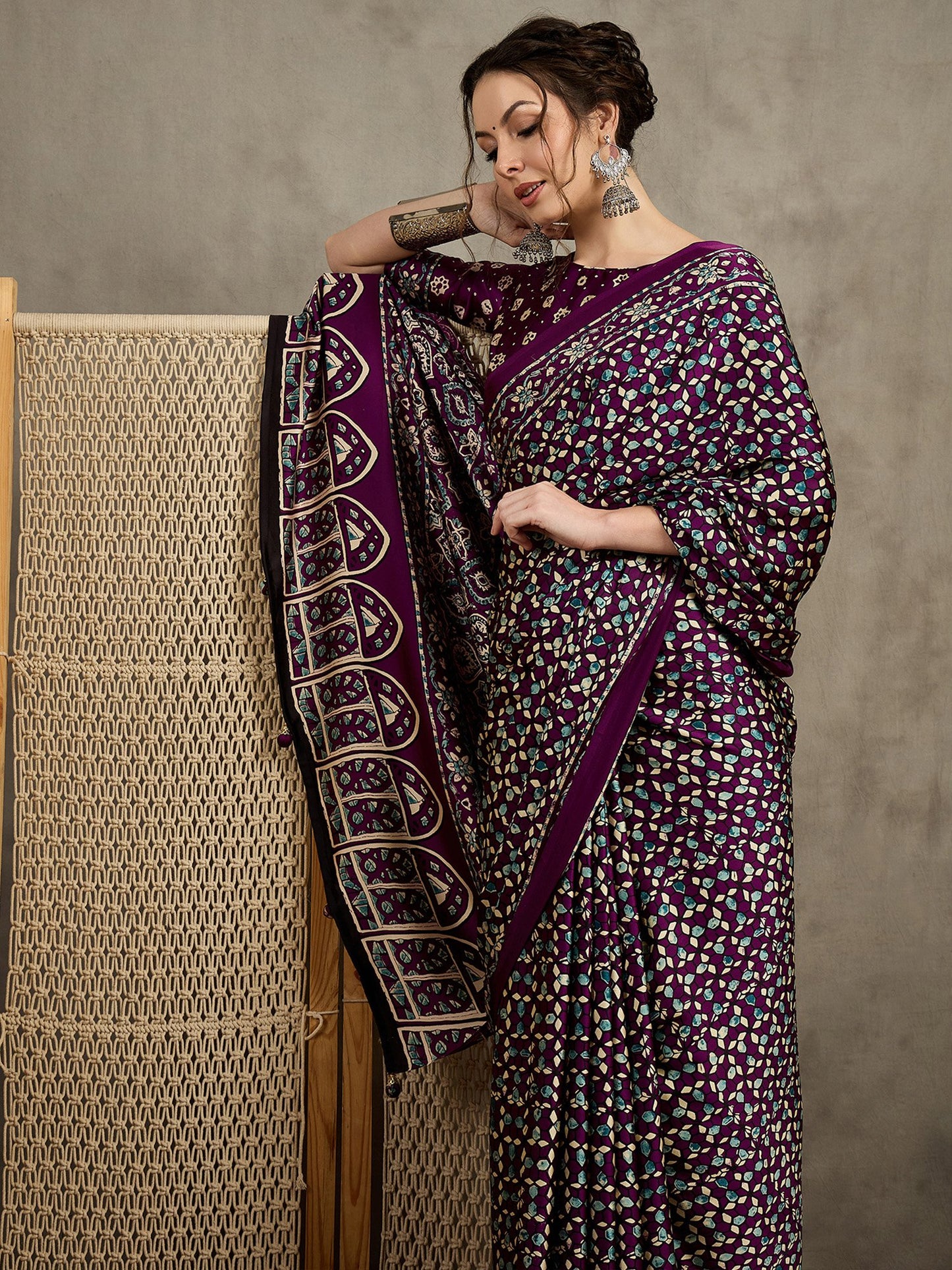 Magenta Block Print Pure Crepe Printed Saree