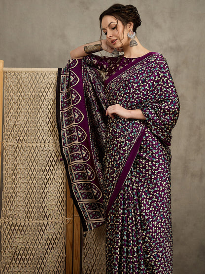 Magenta Block Print Pure Crepe Printed Saree