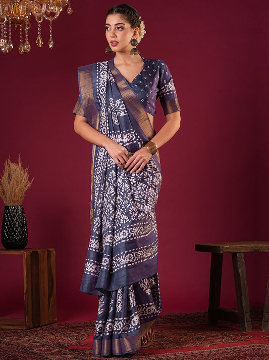 Purple Violet Sungudi Silk Blend Printed Saree