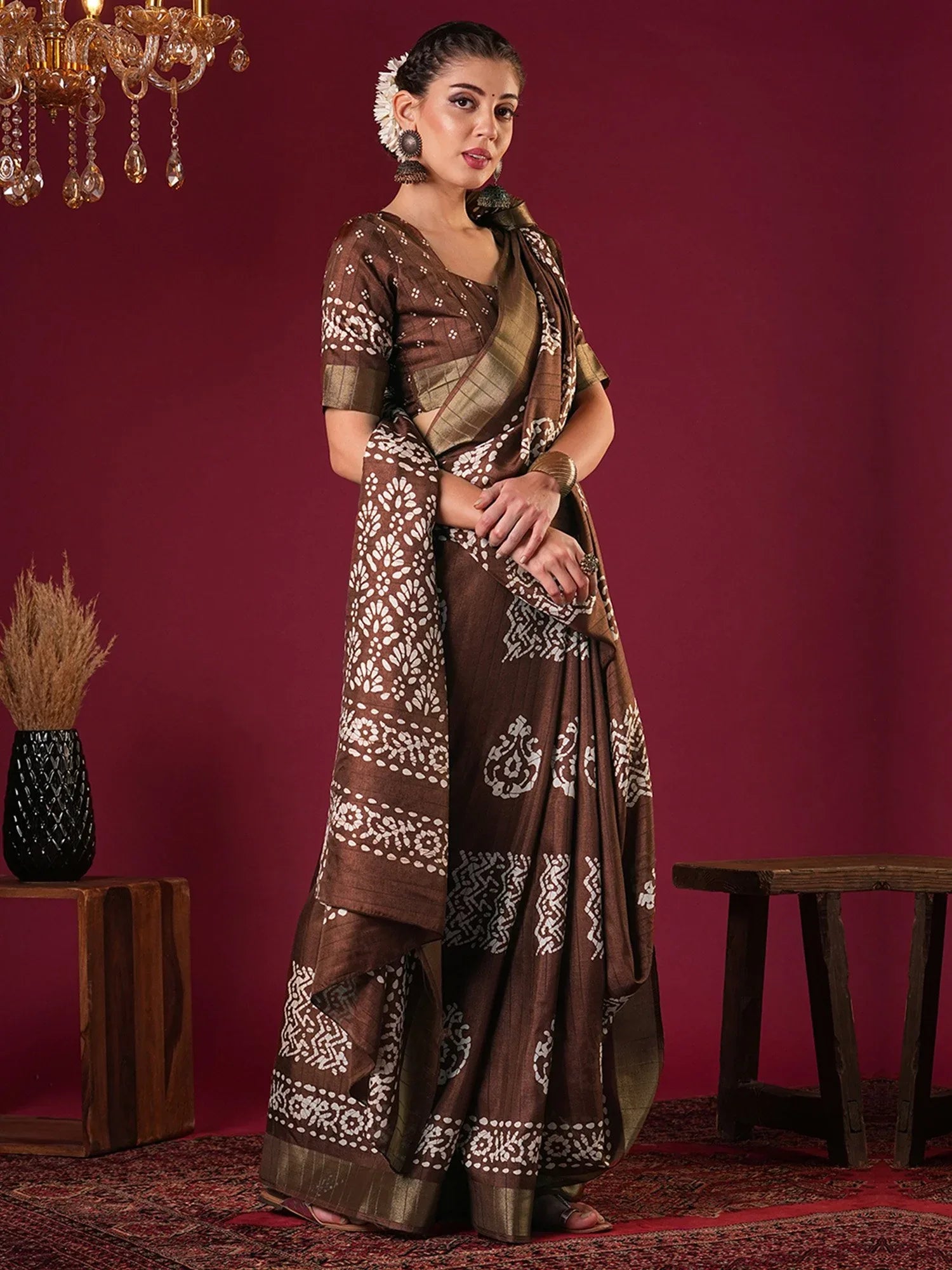 Rust Sungudi Silk Blend Printed Saree