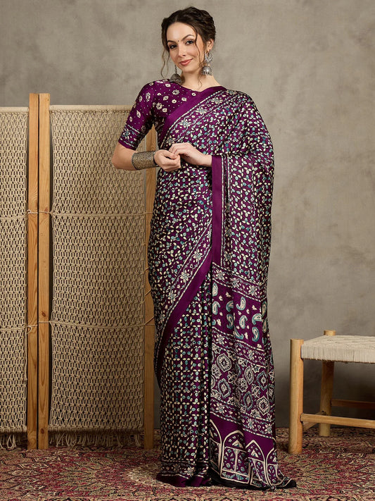 Purple Magenta Block Print Pure Crepe Printed Saree