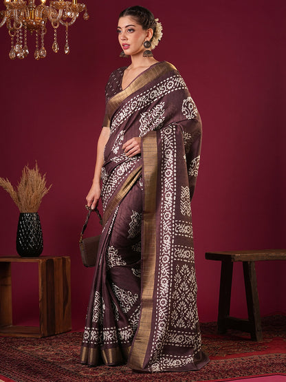 Burgundy Sungudi Silk Blend Printed Saree