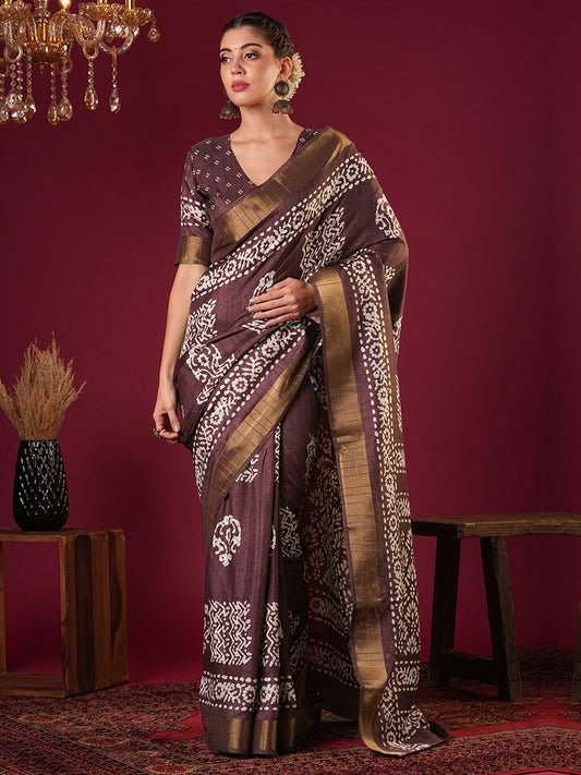 Purple Burgundy Sungudi Silk Blend Printed Saree