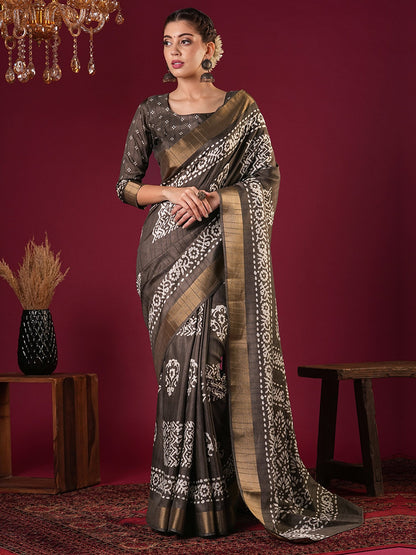 Brown Brown Sungudi Silk Blend Printed Saree