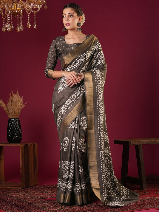 Brown Brown Sungudi Silk Blend Printed Saree