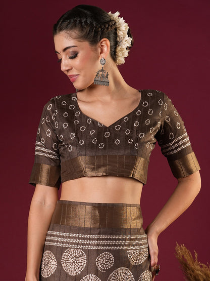 Coffee Sungudi Silk Blend Printed Saree