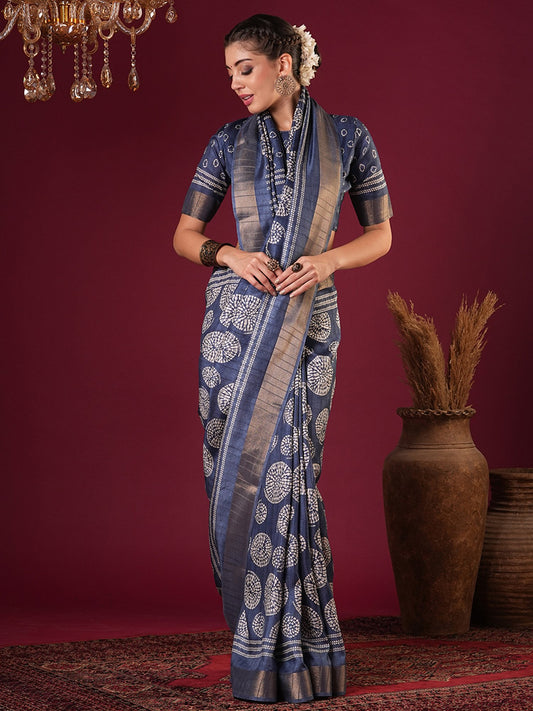 Blue Blue Sungudi Silk Blend Printed Saree