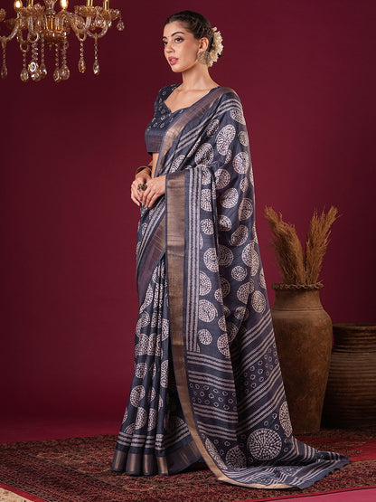 Grey Sungudi Silk Blend Printed Saree