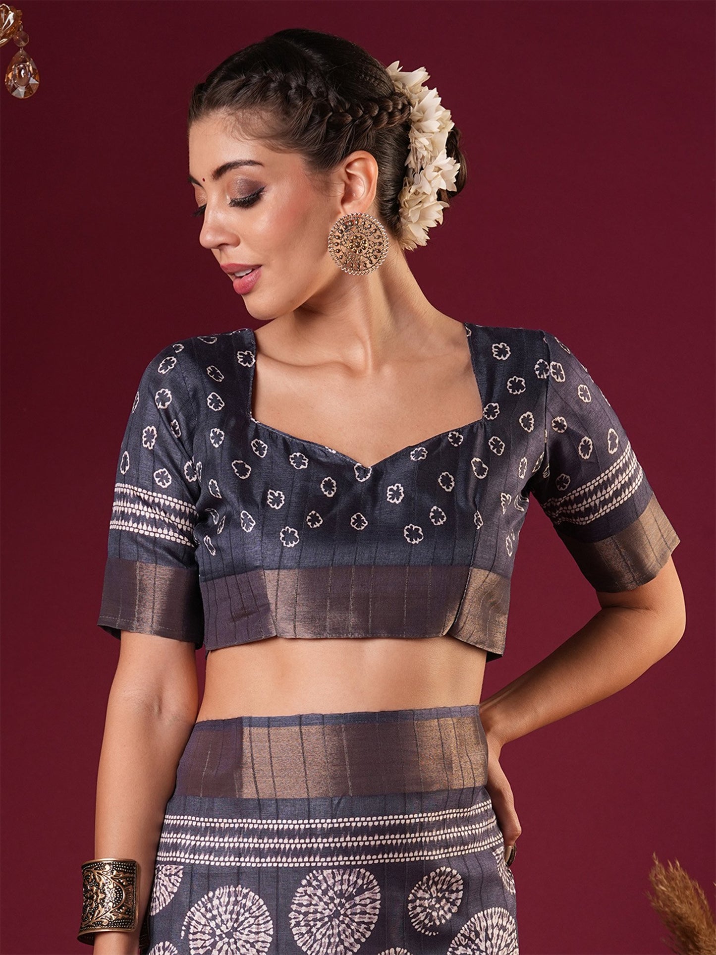 Grey Sungudi Silk Blend Printed Saree