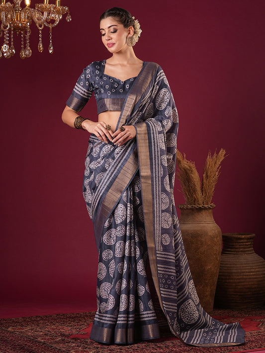 Grey Grey Sungudi Silk Blend Printed Saree