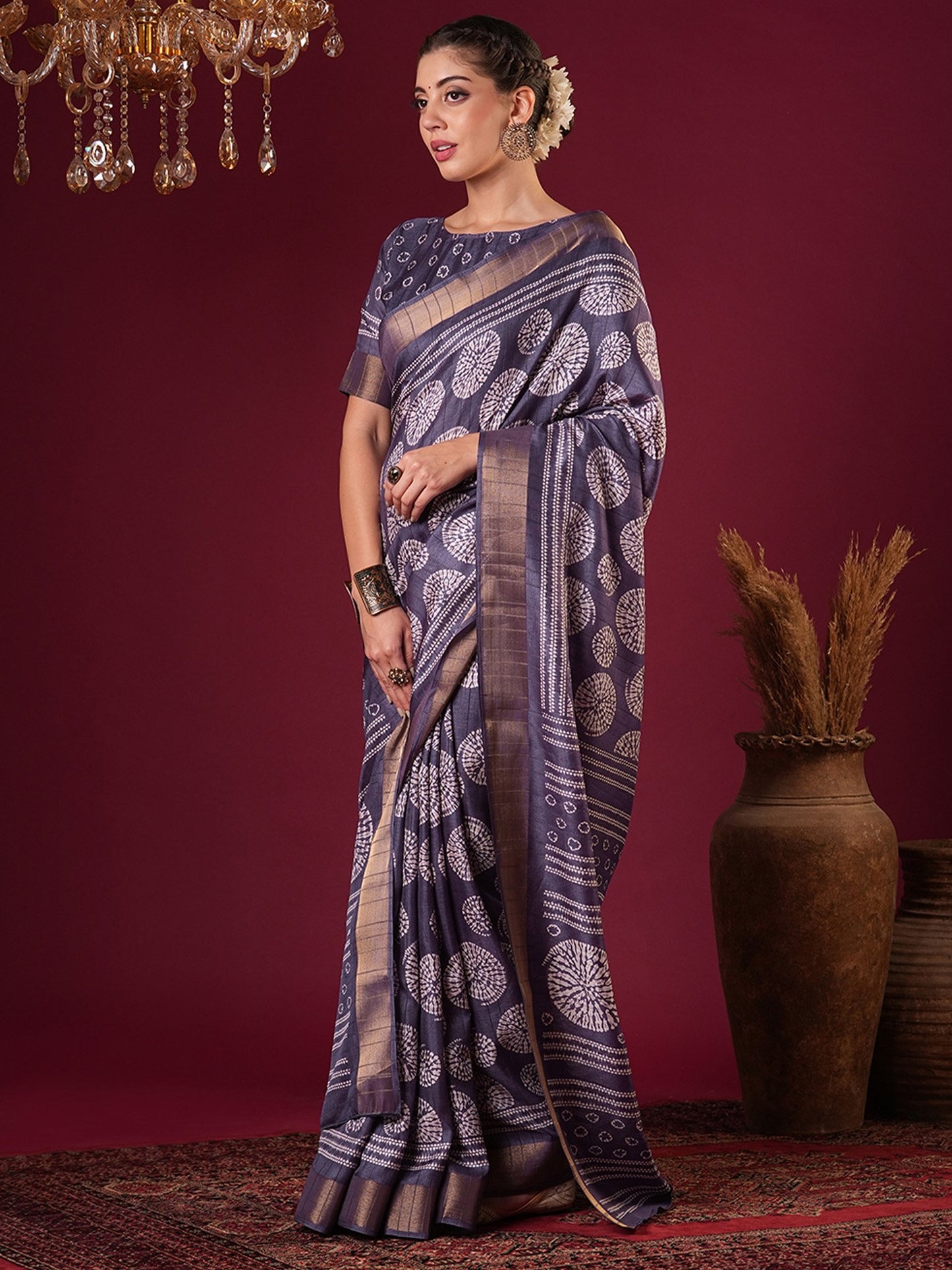 Purple Sungudi Silk Blend Printed Saree