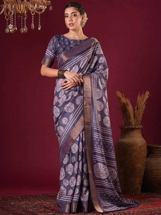 Purple Purple Sungudi Silk Blend Printed Saree