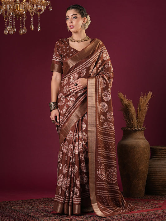 Brown Brown Sungudi Silk Blend Printed Saree