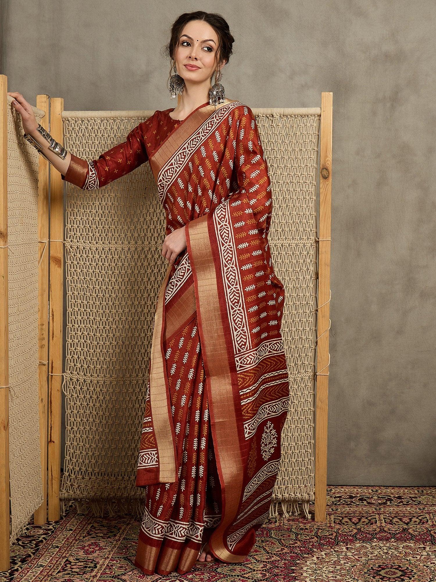 Rust Sungudi Silk Blend Printed Saree
