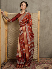 Rust Sungudi Silk Blend Printed Saree