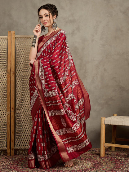 Red Sungudi Silk Blend Printed Saree