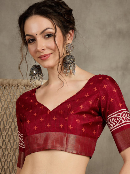 Red Sungudi Silk Blend Printed Saree