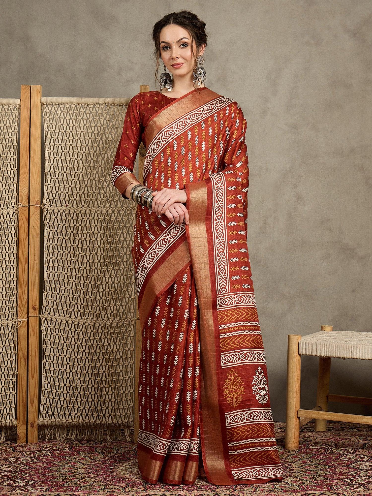 Orange Rust Sungudi Silk Blend Printed Saree