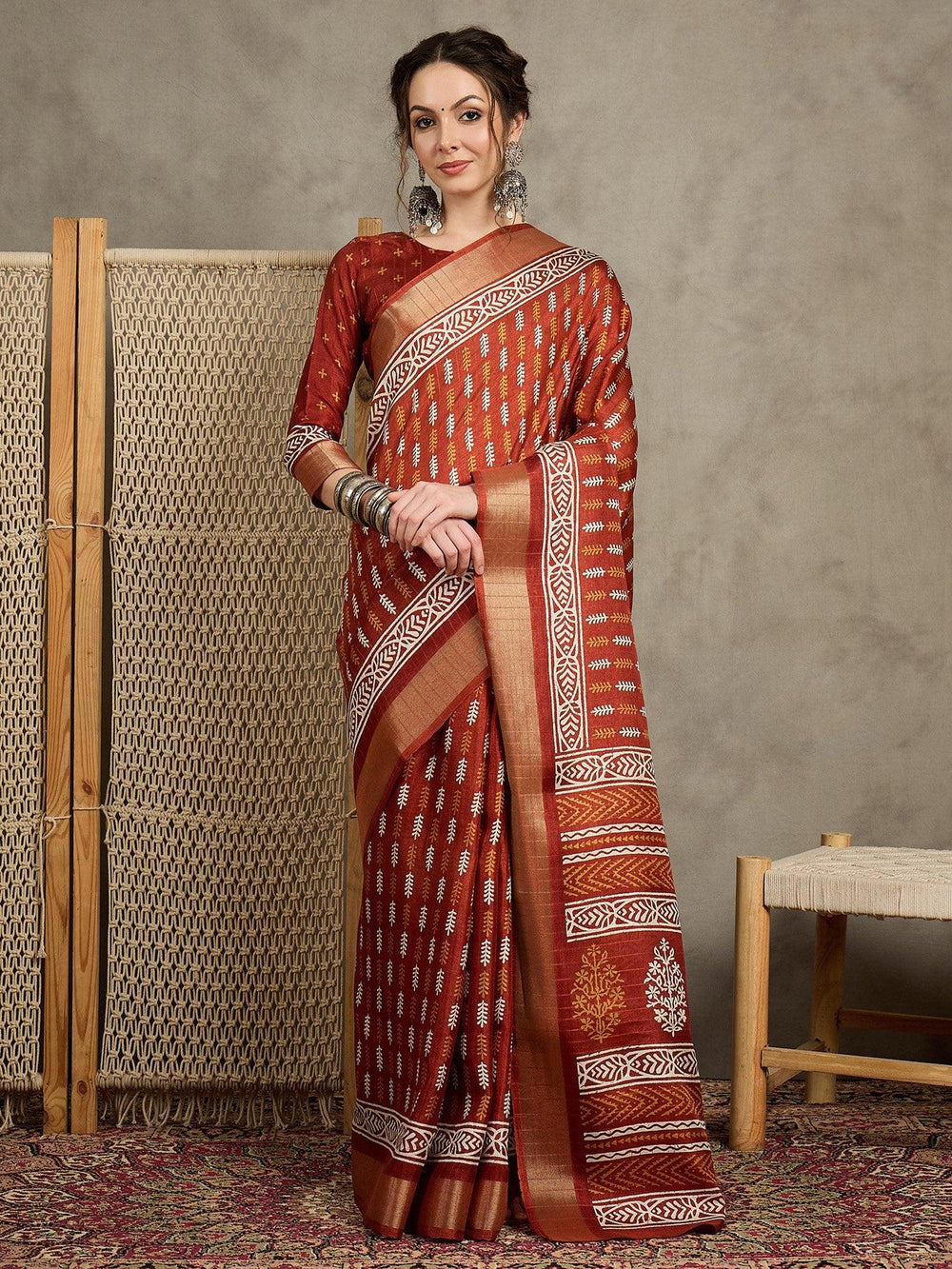 Orange Rust Sungudi Silk Blend Printed Saree