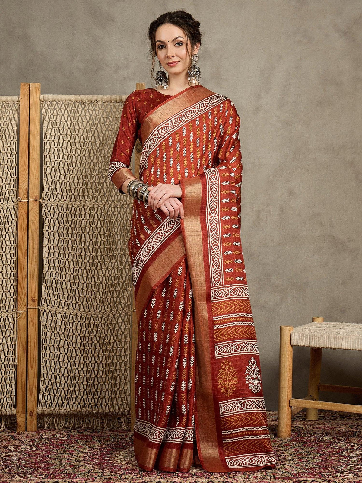 Orange Rust Sungudi Silk Blend Printed Saree