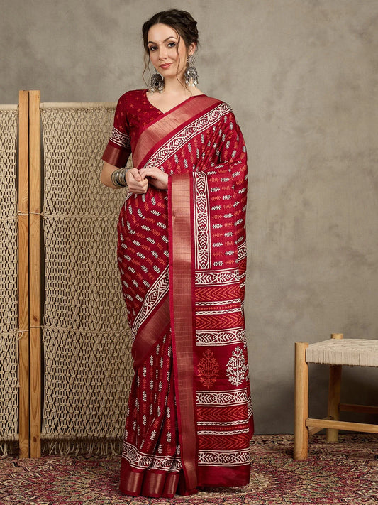 Red Red Sungudi Silk Blend Printed Saree