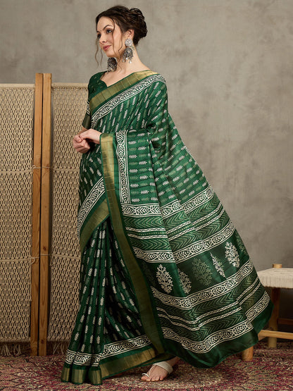 Green Sungudi Silk Blend Printed Saree