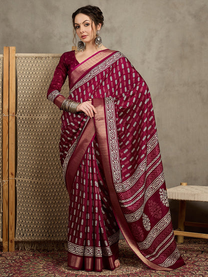 Magenta Sungudi Silk Blend Printed Saree
