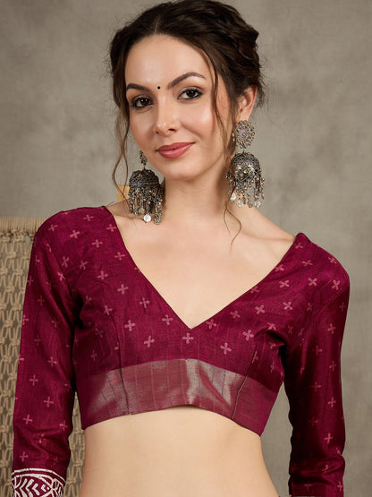 Magenta Sungudi Silk Blend Printed Saree