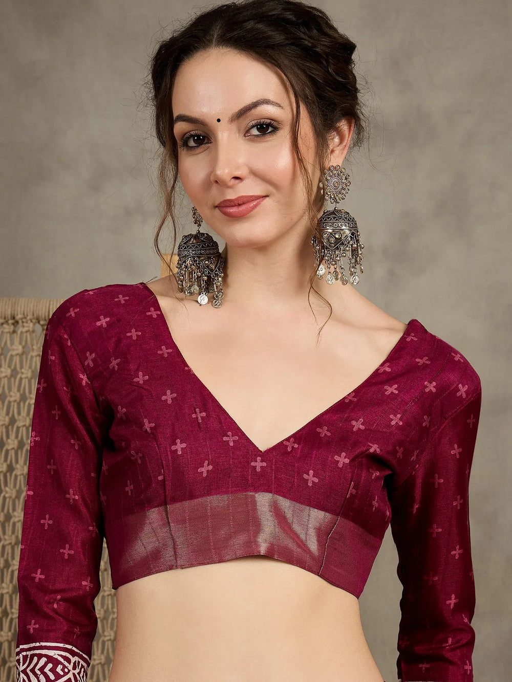 Magenta Sungudi Silk Blend Printed Saree - The Dori Store