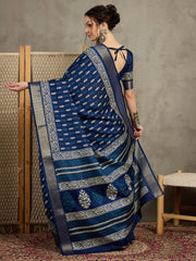 Navy Sungudi Silk Blend Printed Saree - The Dori Store