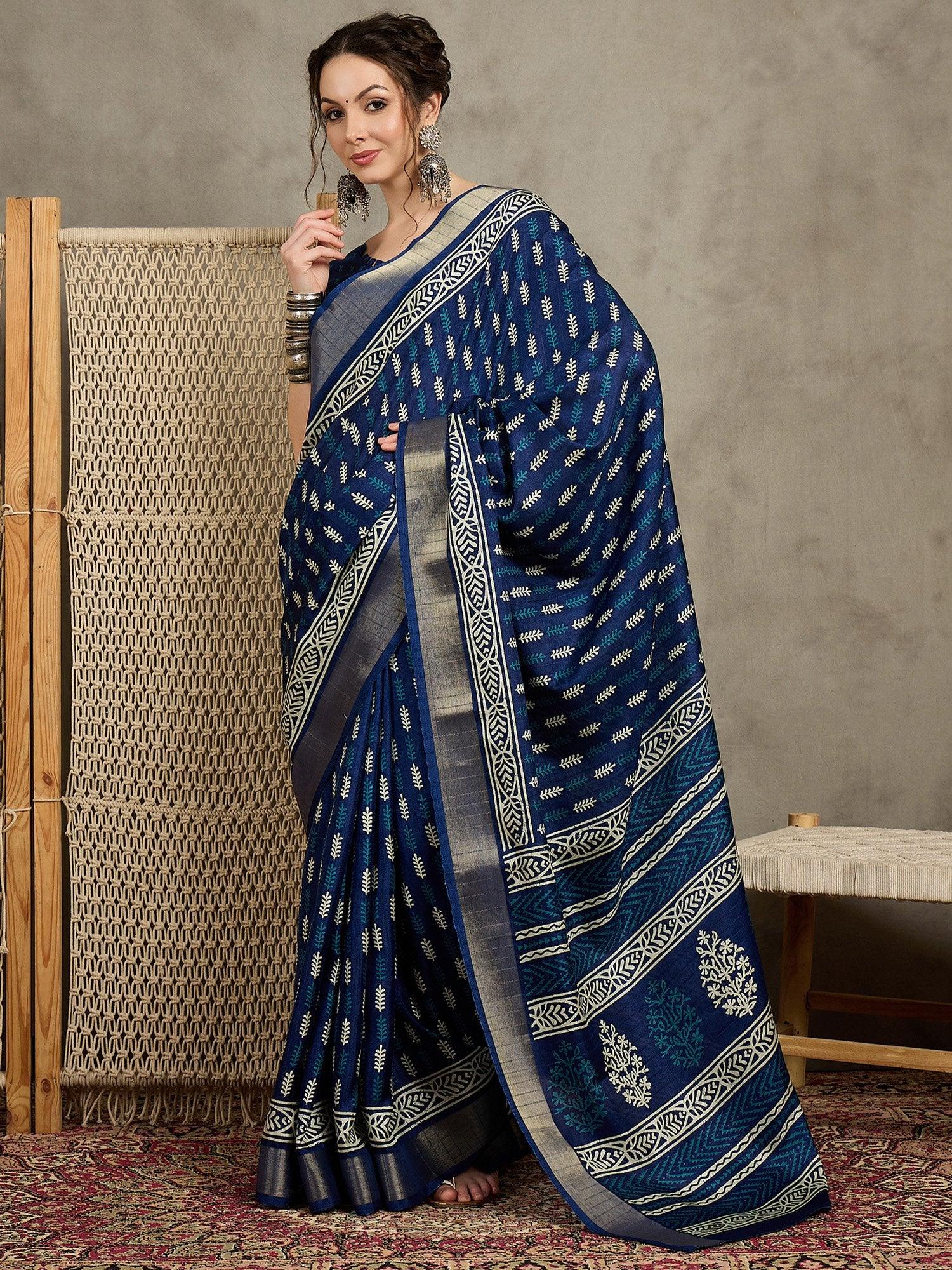 Navy Sungudi Silk Blend Printed Saree - The Dori Store