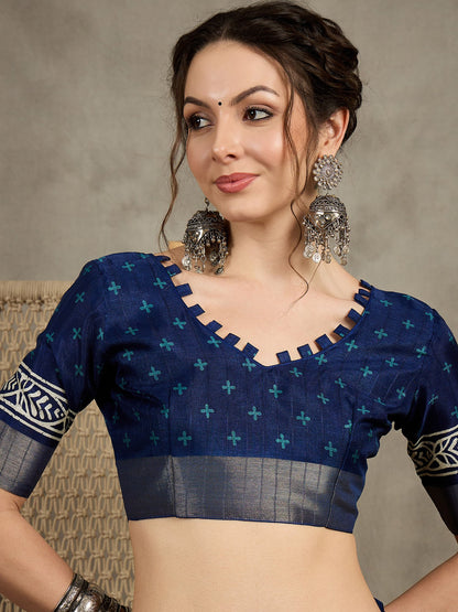 Navy Sungudi Silk Blend Printed Saree
