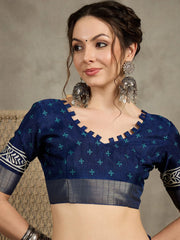 Navy Sungudi Silk Blend Printed Saree - The Dori Store