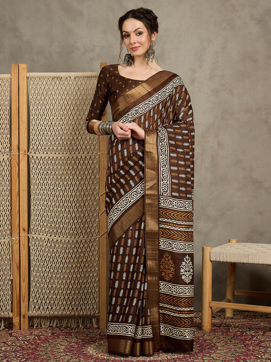 Brown Brown Sungudi Silk Blend Printed Saree