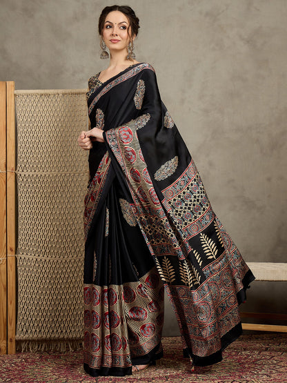 Black Block Print Pure Crepe Printed Saree