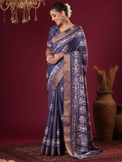 Violet Sungudi Silk Blend Printed Saree